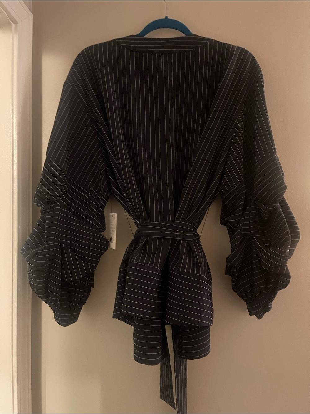 Eloquii Navy and White Pinstripe Wrap Top with Statement Sleeves